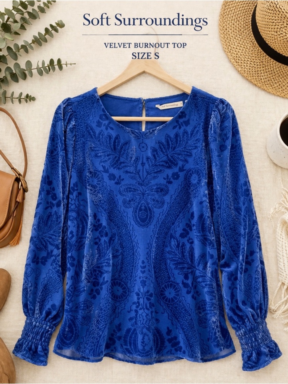 Soft Surroundings Burnout Velvet Blouse Size S Royal Blue Floral Velvet NWT
